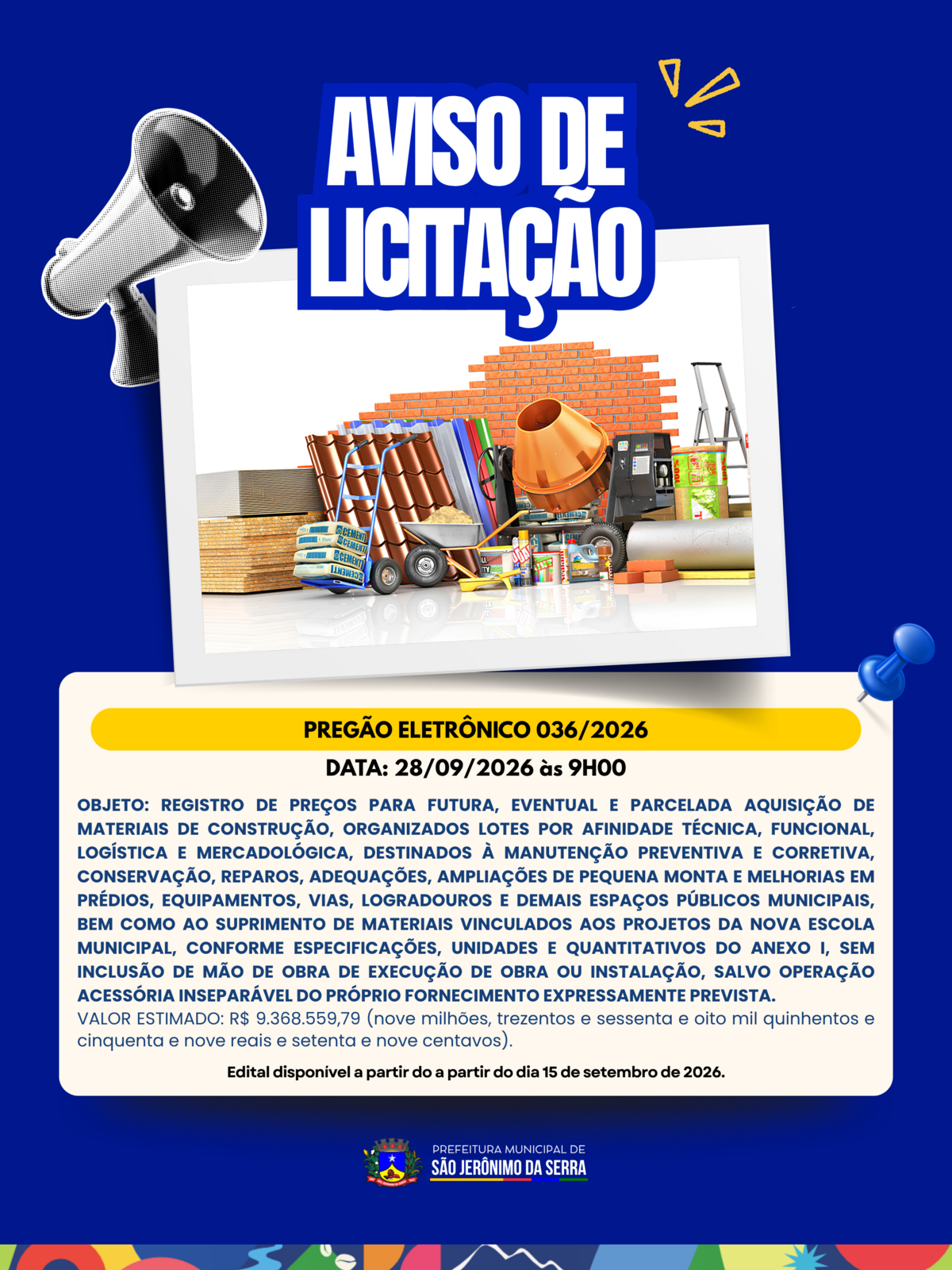 AVISO DE LICITAÇÃO! 📣 PREGÃO ELETRÔNICO 036/2026