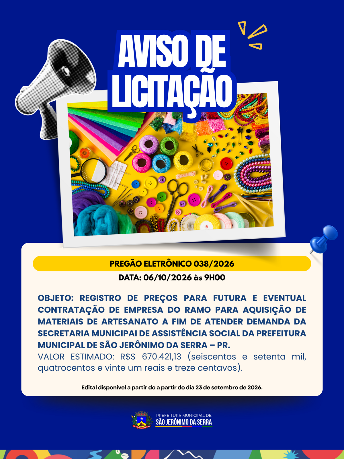 AVISO DE LICITAÇÃO! 📣 PREGÃO ELETRÔNICO 038/2026